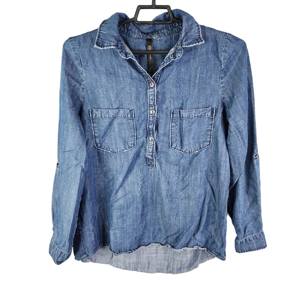 Womens Renee C Blue Denim Shirt 100% Tencel 1/2 Button Down Long Sleeve Size S